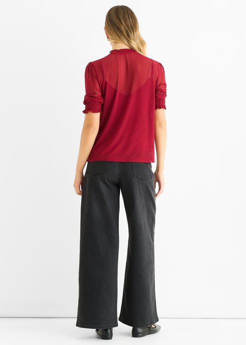 Röd, lös sittande blus med hög hals och spets - Image 4
